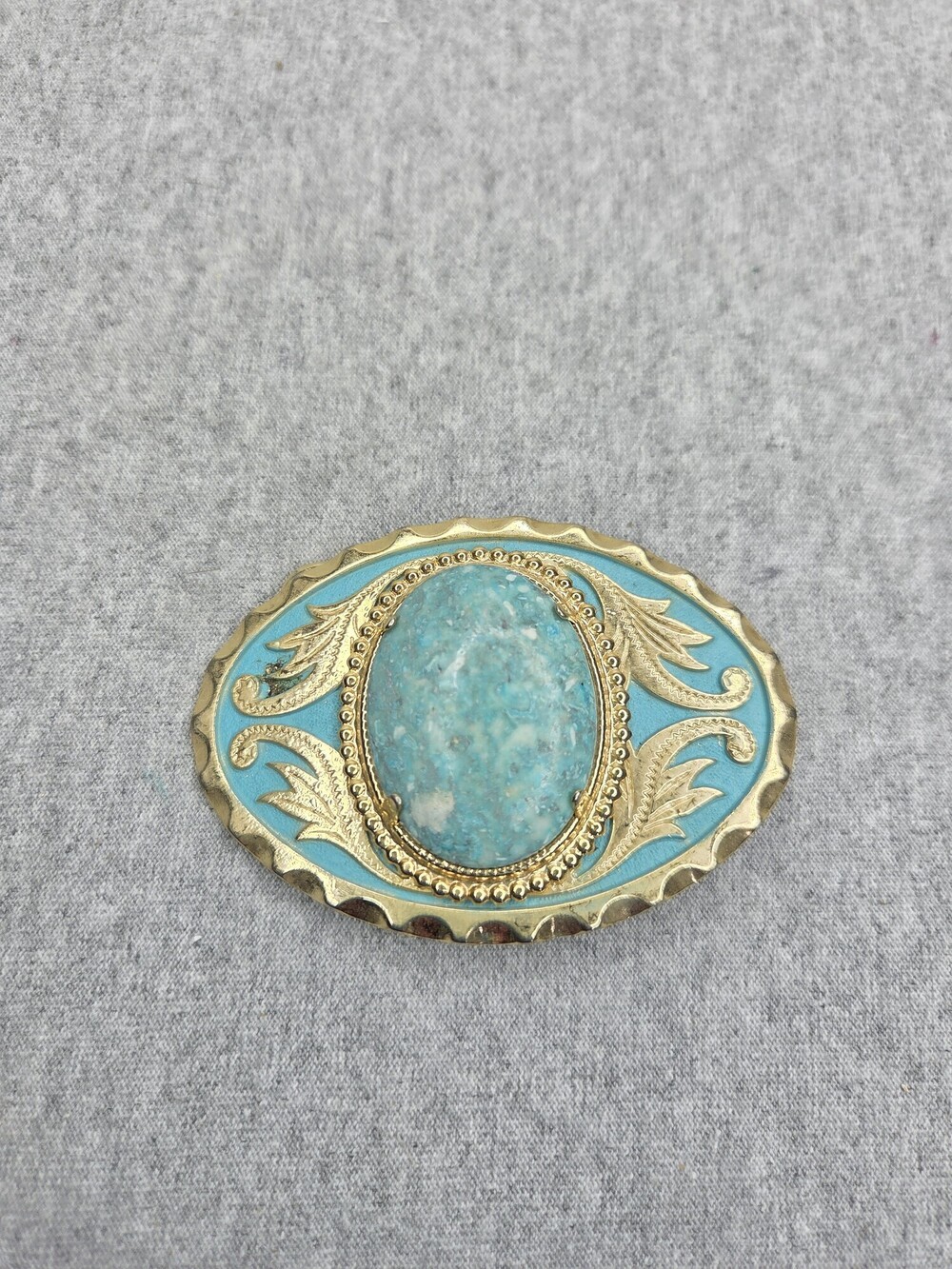 Vintage Womens Western Belt Buckle Dyed Blue Howlite Stone Gold Tone Enamel Oval